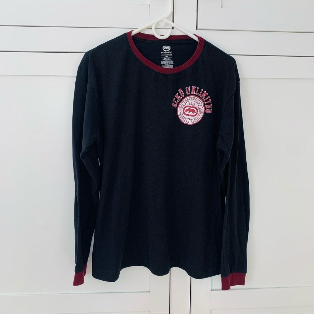 Men’s Ecko Untld. Black Burgundy Ringer Long Sleeve Size Large